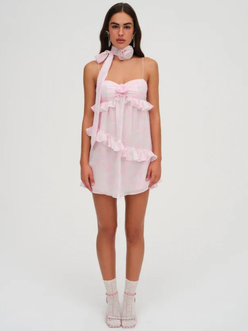 For Love & Lemons Ariana Pink Chiffon Rosette Mini Dress NWT
